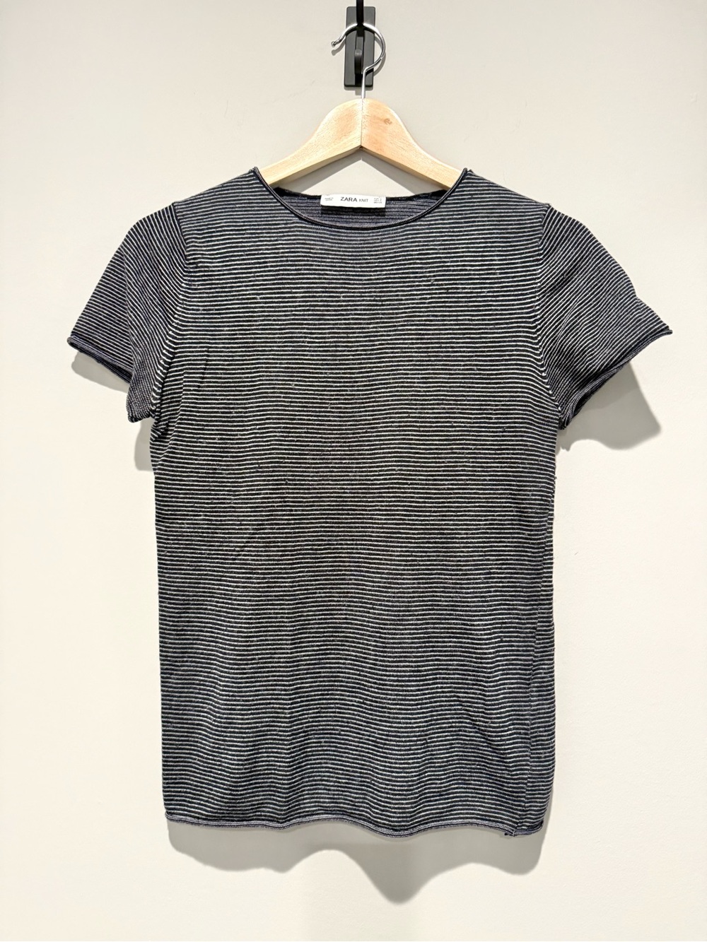 Zara Knit Women’s Black and White Striped Short-Sleeve Tee Rolled Hem